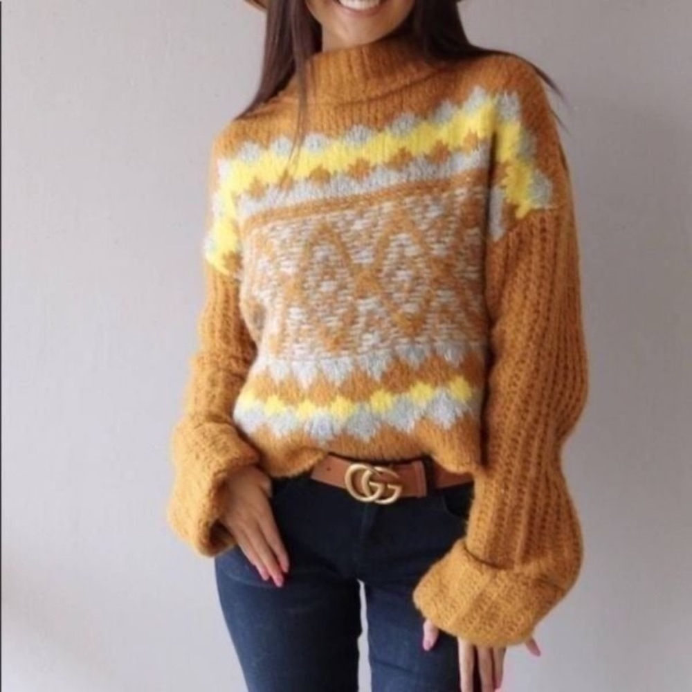 Free People Small Alpine Crop Sweater Cinnamon Toast Fair Isle Chunky Knit NWT